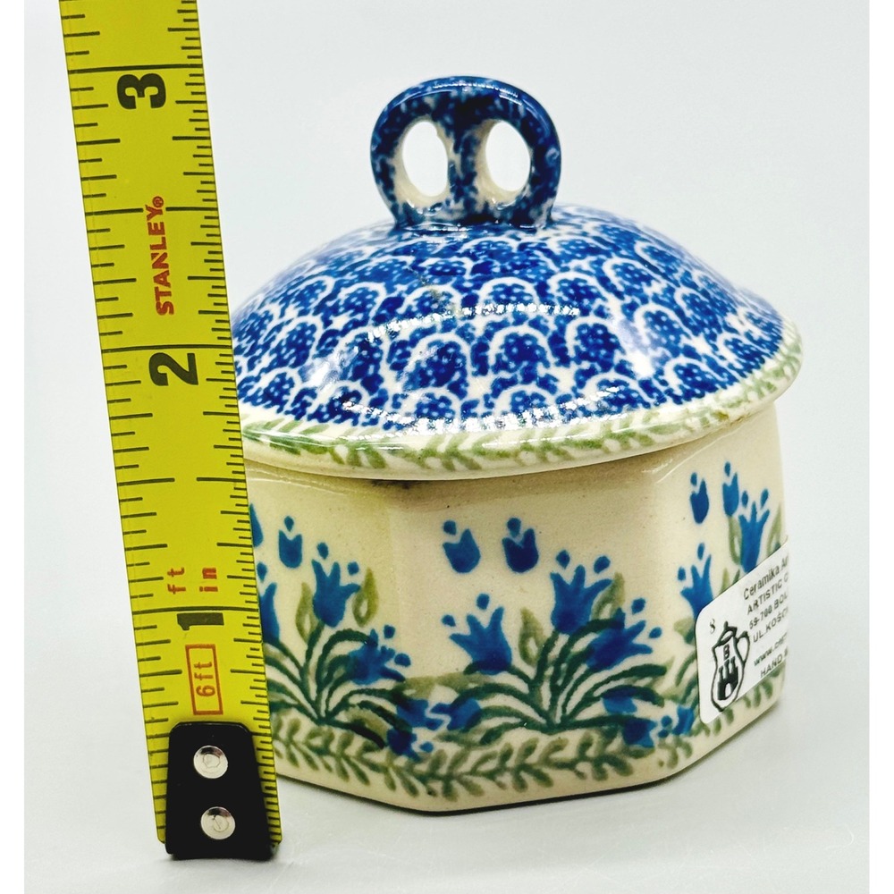 Polish Pottery Mini Pretzel Trinket Box Blue Tulips Octagon Ceramika Artystyczna - Picture 10 of 11